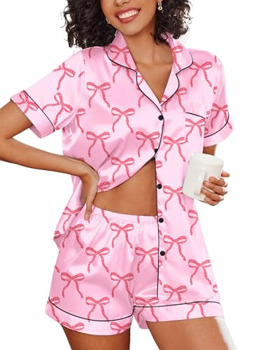 Ekouaer Women's Silk Satin Pajama Set Short Sleeve Pjs Shorts Set Comfy Button Down 2 Piece Sleepwear Loungewear,Pink Red Bow Knot,L | Amazon (US)