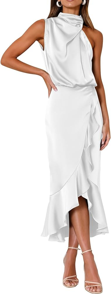 KIRUNDO Womens 2024 Summer Satin Mock Neck Party Cocktail Midi Dress Sleeveless Wrap Ruffle Merma... | Amazon (US)