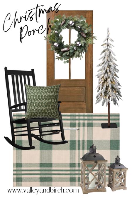 Decorate your front porch this Christmas with this green and neutral color palette!  Plaid rug, rocking chair, prelit tree, wreath, lanterns, and throw pillow.
#frontporch #christmasdecor #christmas

#LTKSeasonal #LTKHoliday #LTKhome