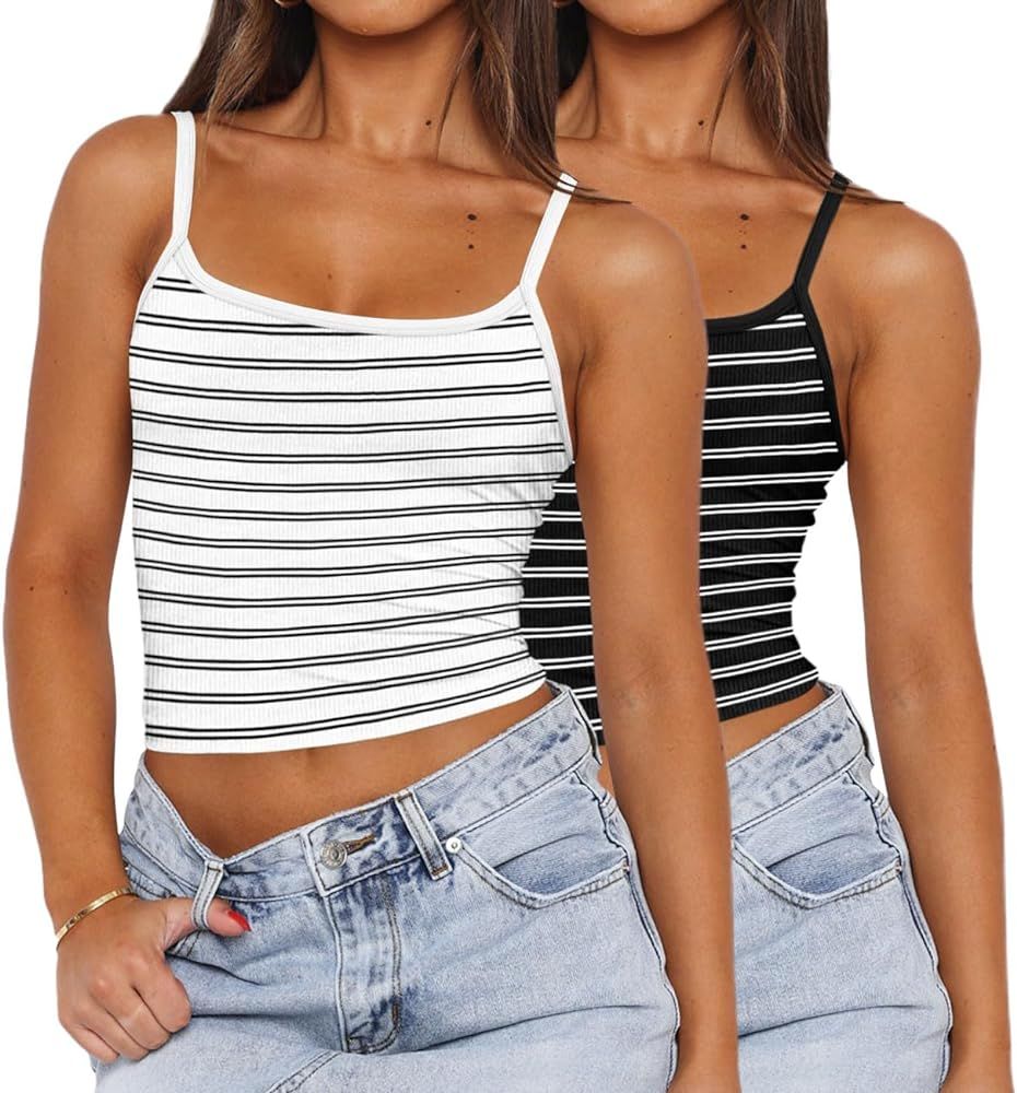 WIHOLL Womens Tank Tops Fashion Summer Crop Tops 2024 Scoop Neck Slim Fit Camisoles Y2k Clothes G... | Amazon (US)