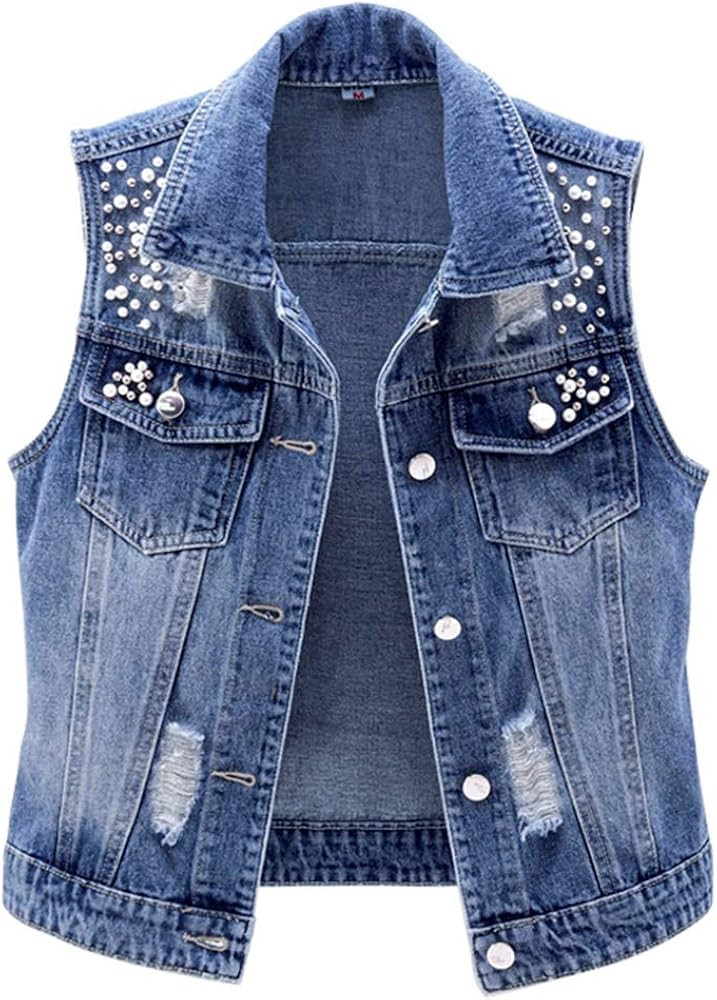 LifeShe Womens Beading Pearls Sleeveless Denim Vest Jean Jacket Coat… | Amazon (US)