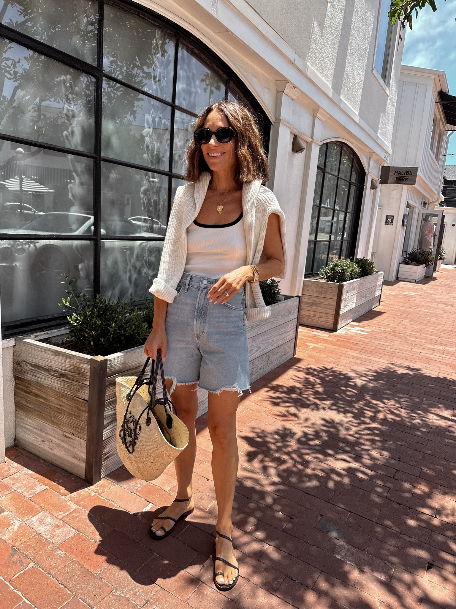Today’s casual summer outfit for lunch 
Denim shorts have a longer inseam and are so comfortable. I think they run tts and I’m wearing my regular brand size 
Tank is such great quality- wearing an Xs 
Sandals are very comfortable- 6.5 wearing a 37

#LTKOver40