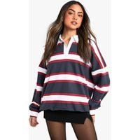 Womens Stripe Oversized Collared Rugby Shirt - Navy - L | boohoo (US & Canada)