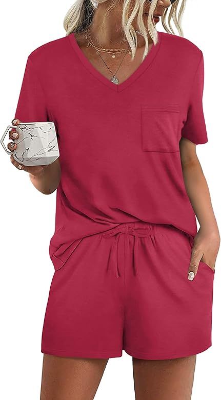 RUBZOOF Women's Short Sleeve Pajama Sets with Pockets Casual V Neck 2 Piece Lounge Sets S-3XL | Amazon (US)