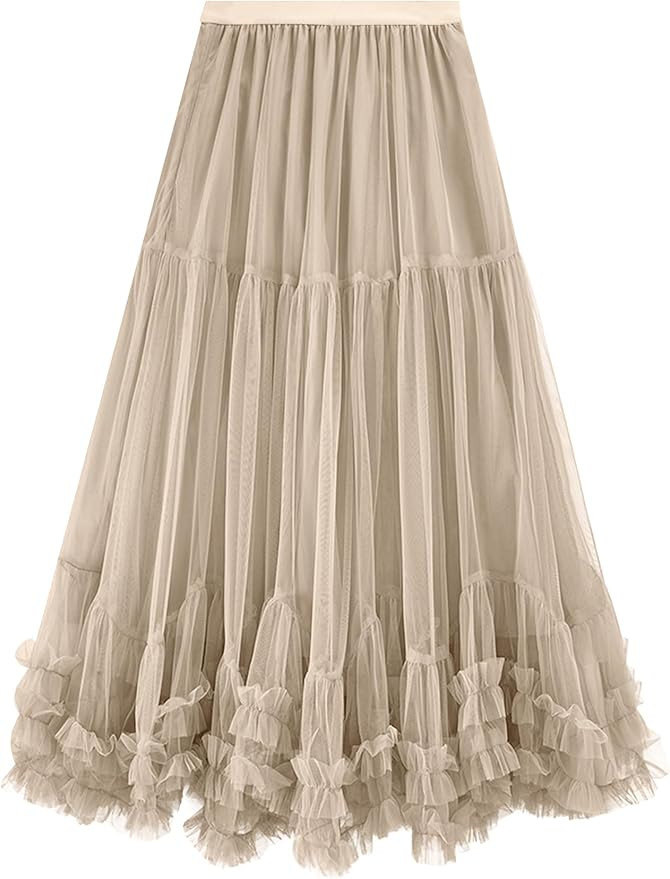 COZYPOIN Maxi Tulle Skirts for Women Elastic High Waisted A Line Long Layered Tutu Mesh Ruffles T... | Amazon (US)