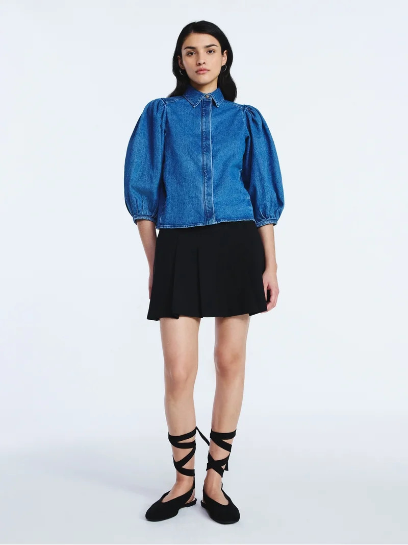 Scoop Women’s Denim Shirt with 3/4 Length Puff Sleeves, Sizes XS-XXL | Walmart (US)