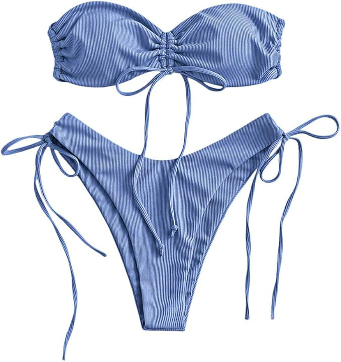 ZAFUL Women's Floral Print Cinched Tie Cami Bandeau Bikini Set Swimsuit | Amazon (US)