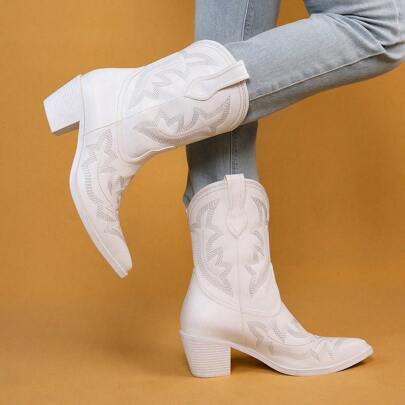 Cowboy Boots For Women - Western Cowgirl Boots, White Ankle Boots Short Booties For Ladies, Music Festival Classic Fashion Embroidered Design, Pointed | SHEIN