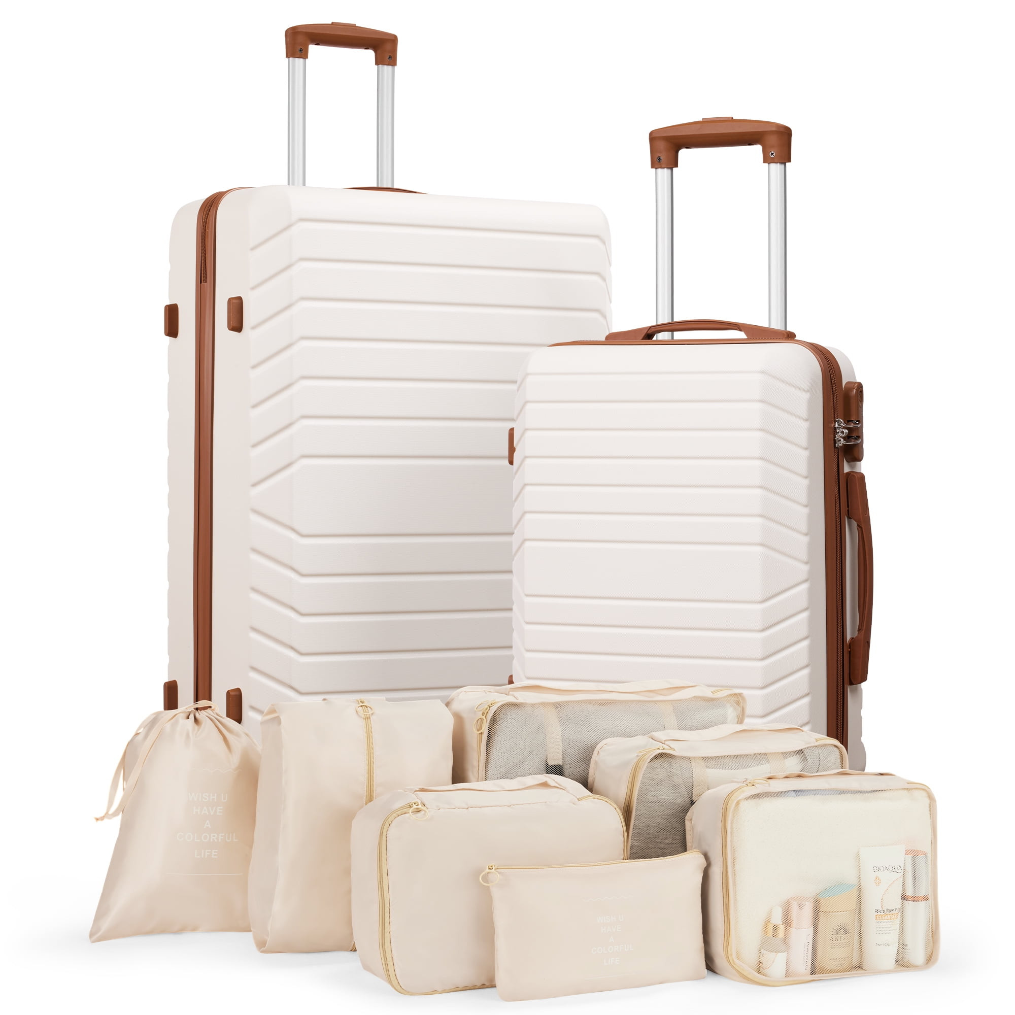 2 Piece Travel Luggage Sets (20"&28") Hardside Suitcase with 7PC Organizer Bags,White Tan | Walmart (US)