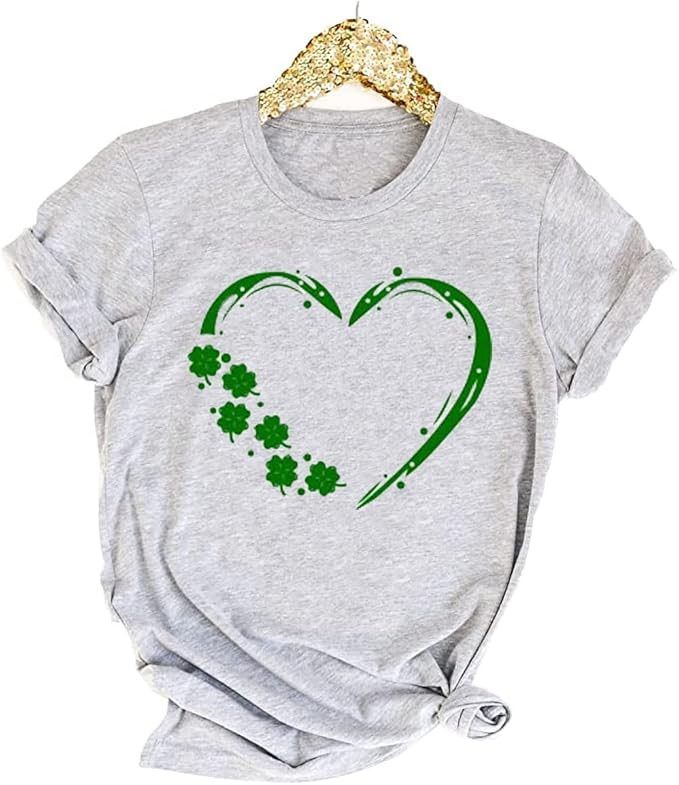 Womens St Patrick's Day Clover T-Shirt Shamrock Heart Graphic Tees Get Lucky Shirt Irish Tops | Amazon (US)