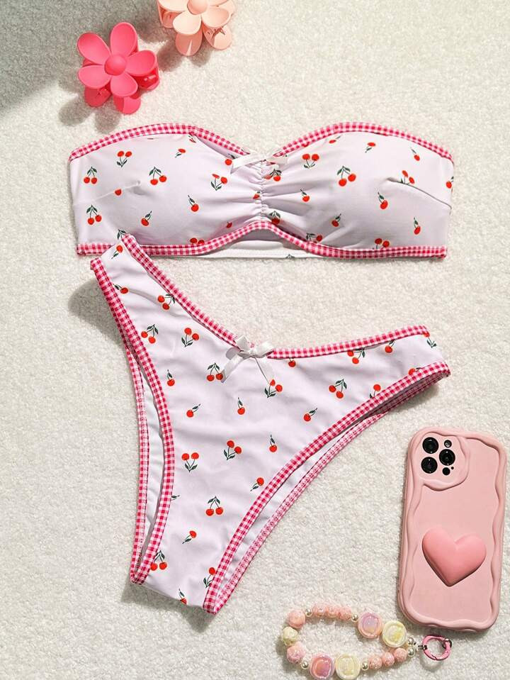 SHEIN Swim Mod Cherry Printed Bandeau Bikini With Separate Bottom Swimwear Set, Summer Beach | SHEIN