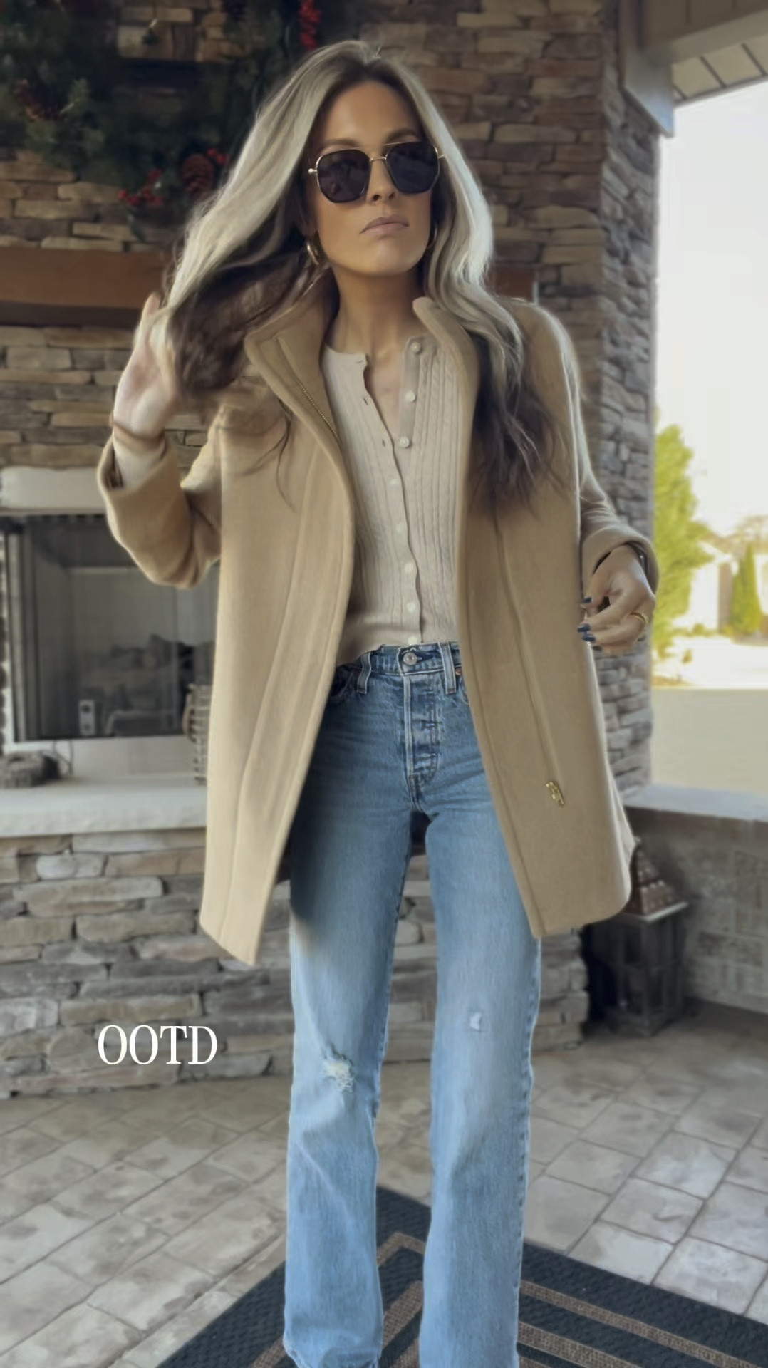 OOTD 
Coat is by jcrew, I have had it for years and it is well worth the price their new version has buttons on the collar and is on sale! 
Jeans are Levi’s in the color: back in town 
In my opinion Levi’s stretch out a bit but I don’t size down in them! 
Old navy sweater in xs, and boots are Walmart less than $20! They are so comfy! Sunglasses are linked on TikTok in my showcase! 