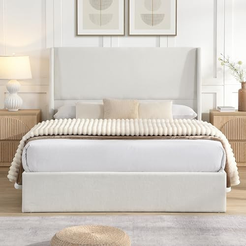 NTYUNRR King Size Upholstered Bed Frame, 50.8" High Headboard Wingback Bed Frames, Tall Headboard Floor Platform Beds, No Box Spring Needed No Noise, Minimalist, Beige Chenille | Amazon (US)