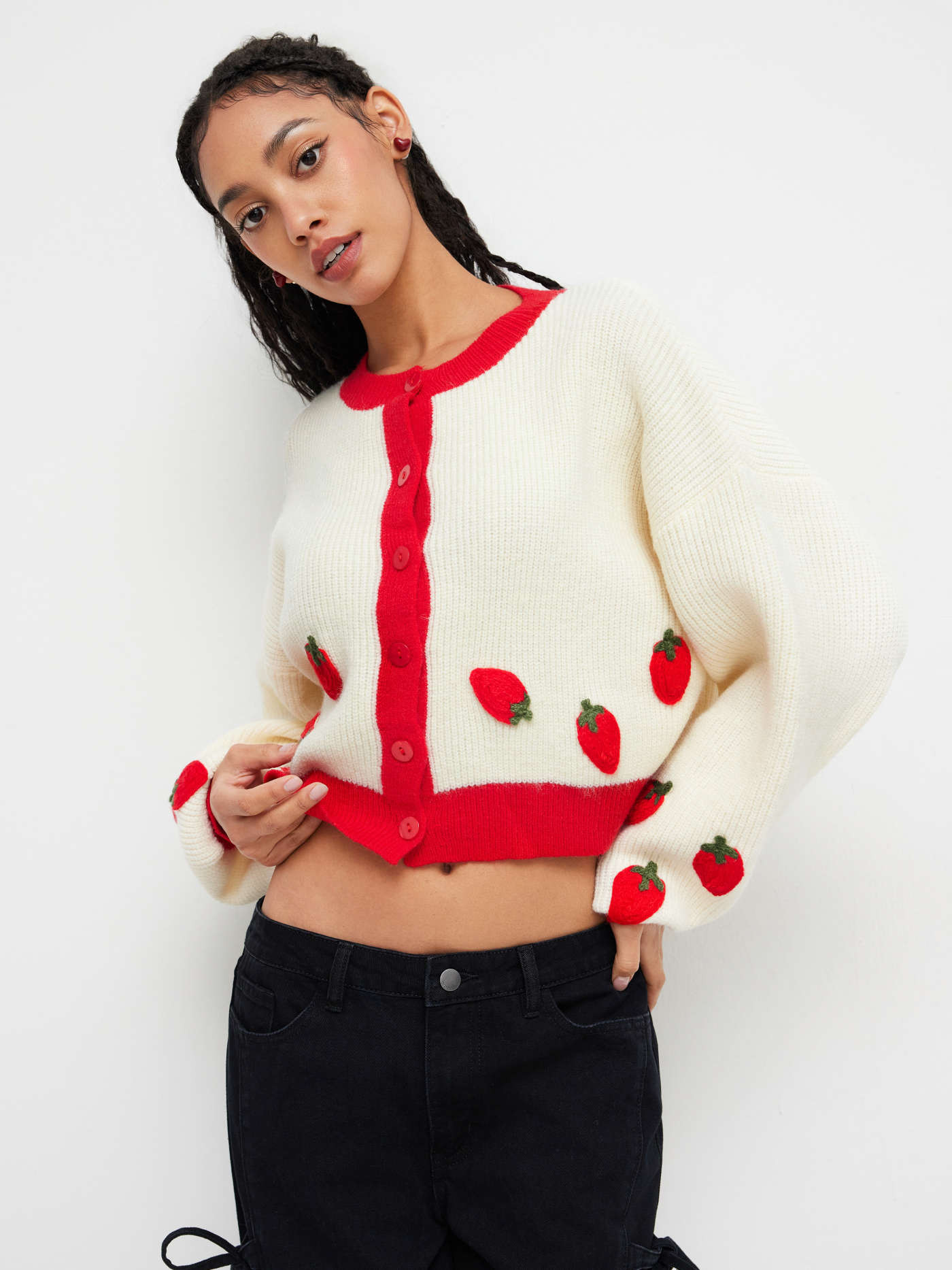 Knit Strawberry Contrasting Binding Oversized Cardigan | Cider