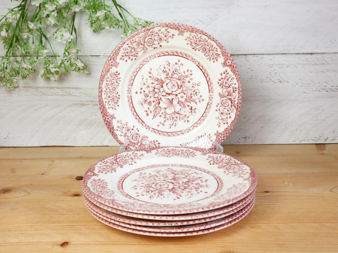 Vintage Red Transferware Dinner Plate. Floral English - Etsy | Etsy (US)