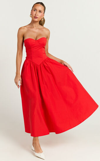 Daria Midi Dress - Strapless Corset Gathered Dress in Red | Showpo (US, UK & Europe)