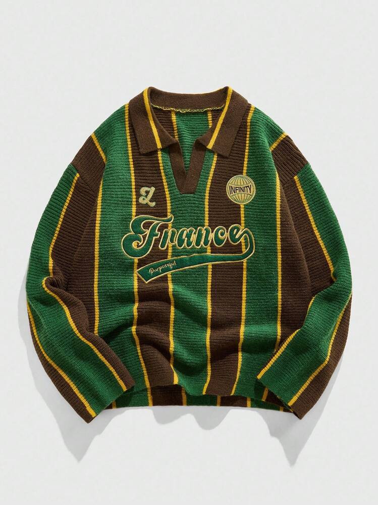 ROMWE MEN Prep Men's Retro Collared Football Inspired Knit Sweater , Fall Winter | SHEIN