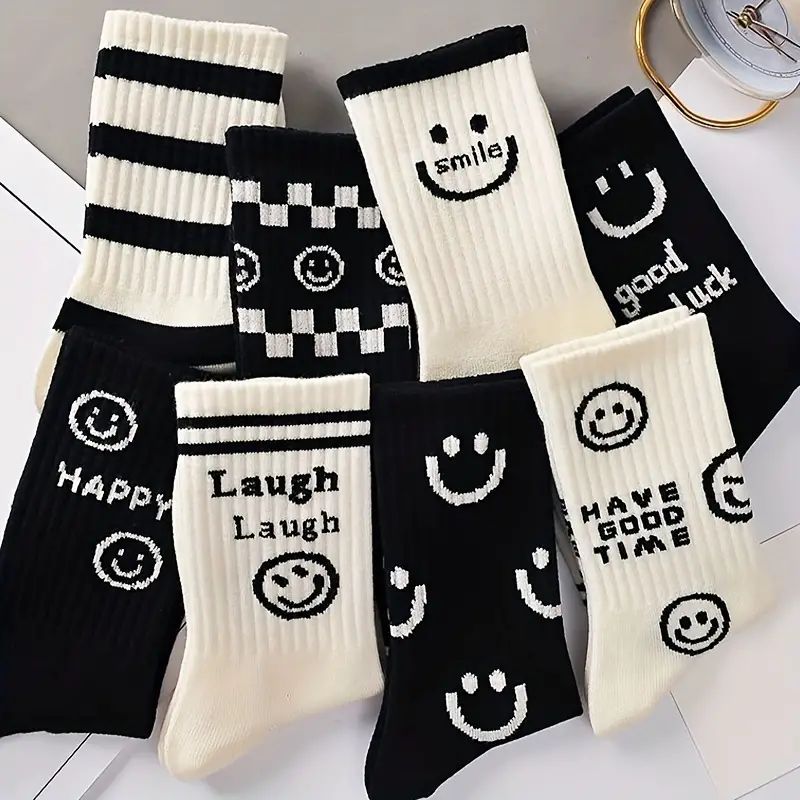 Smiling Face Print Socks Comfy Breathable   Tube Socks - Temu | Temu Affiliate Program