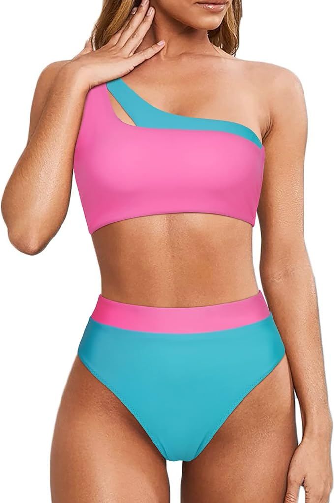 MOOSLOVER Women Cutout One Shoulder High Waisted Bikini High Cut Two Piece Swimsuits | Amazon (US)