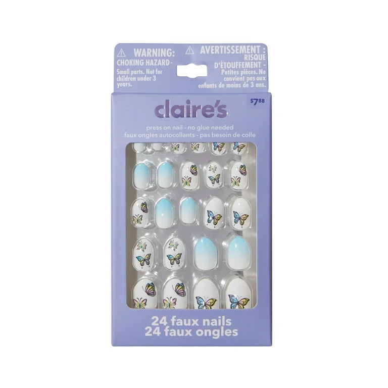 Claire's Ombre Blue and White with Butterfly Faux Nail Set, 24 Nails | Walmart (US)