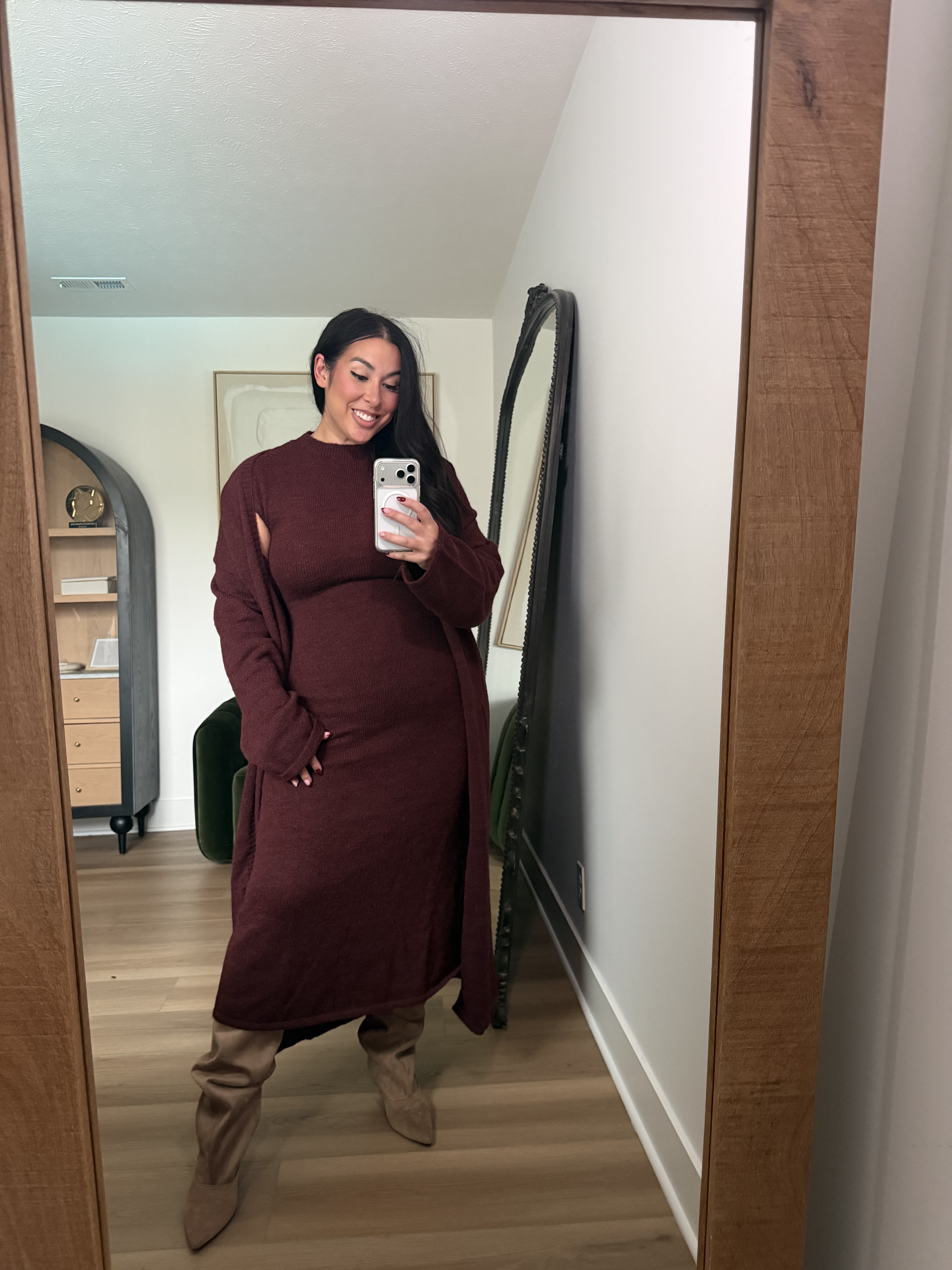 Another perfect sweater dress for fall, has a matching duster and so perfect for the holidays! Wearing an XL. Use code: BONNIE40 @vici, fall style, fall loungewear, matching set, fall dresses 

 
