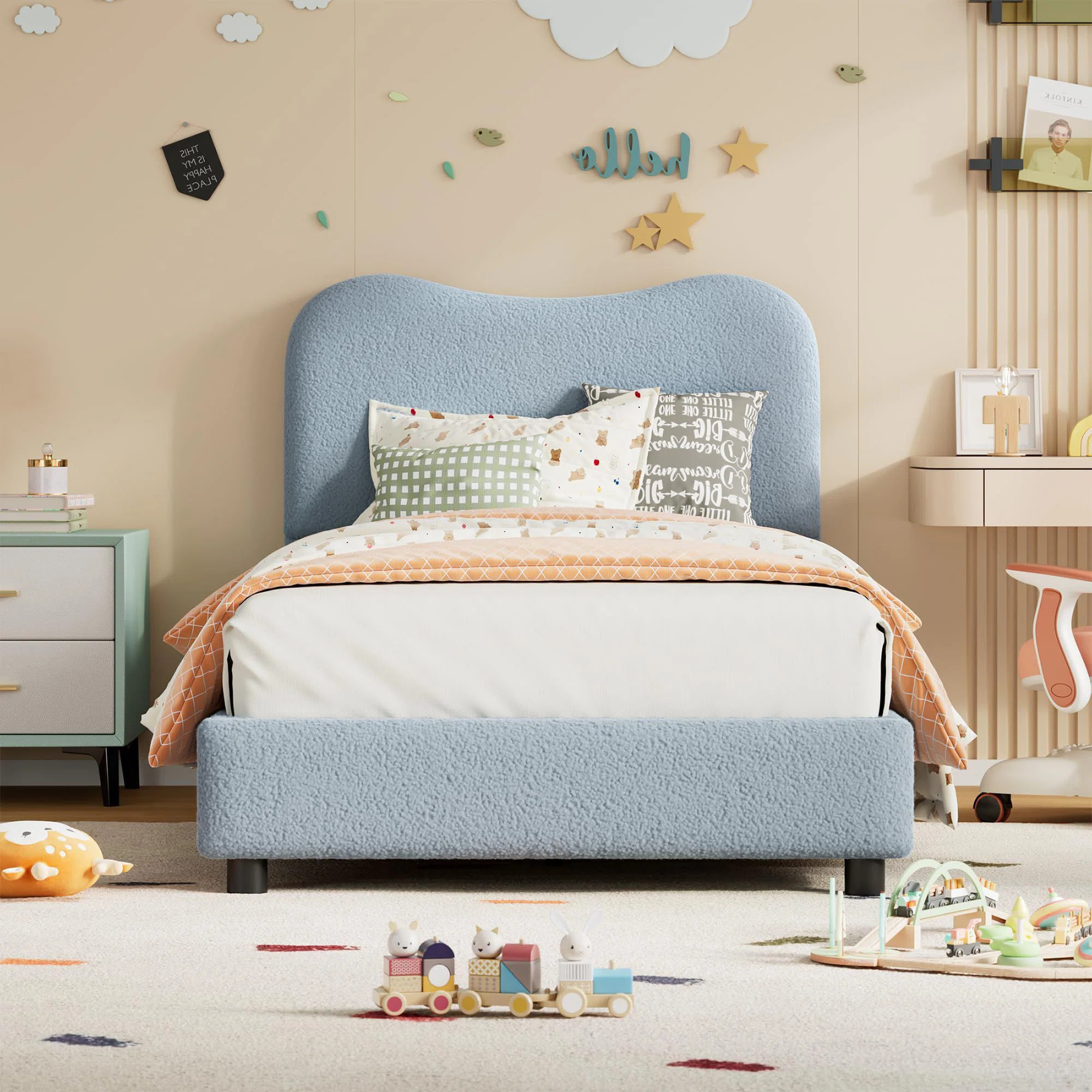 Low Profile Sturdy Platform Bed, With Velvet Upholstered Headboard, Strong Wooden Slats | Wayfair North America