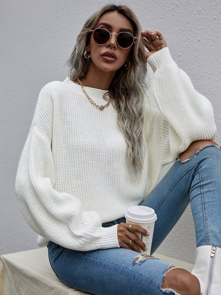 Drop Shoulder Ribbed Knit Sweater | SHEIN
