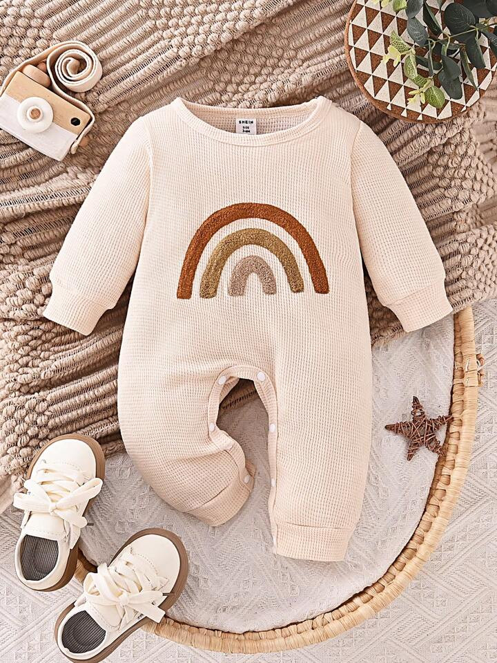 1pc Baby Boys Cartoon Embroidered Solid Color Long Sleeve Jumpsuit, A Warm And Comfortable Casual... | SHEIN