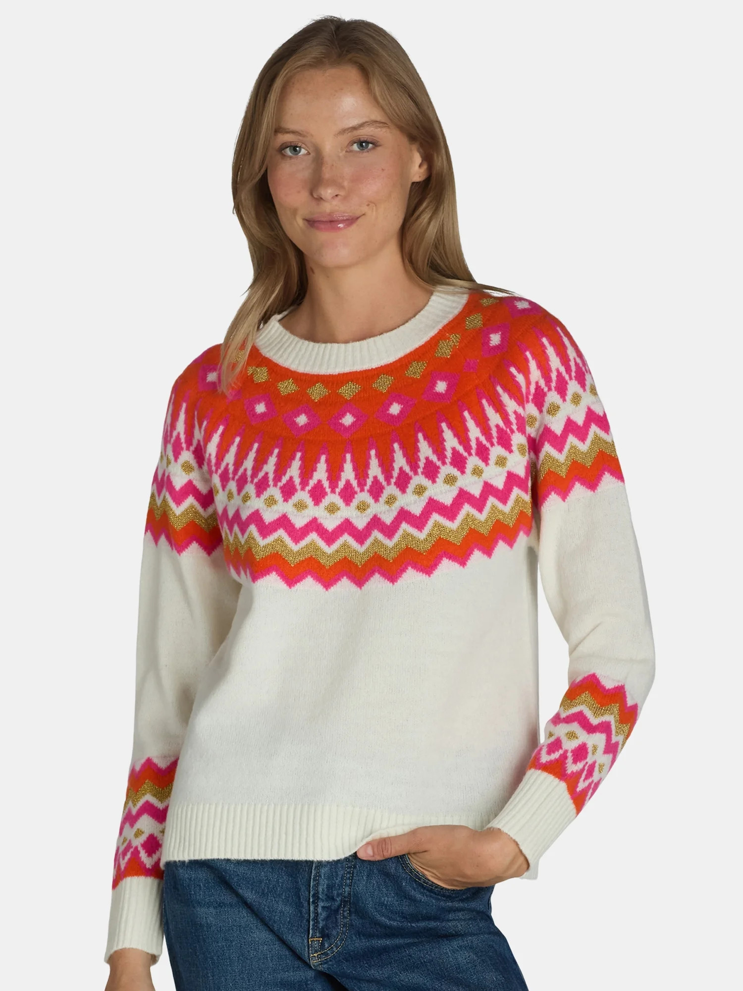 99 Jane Street Women's Fair Isle Crewneck Sweater with Long Sleeves, Midweight, Sizes XS-XL | Walmart (US)