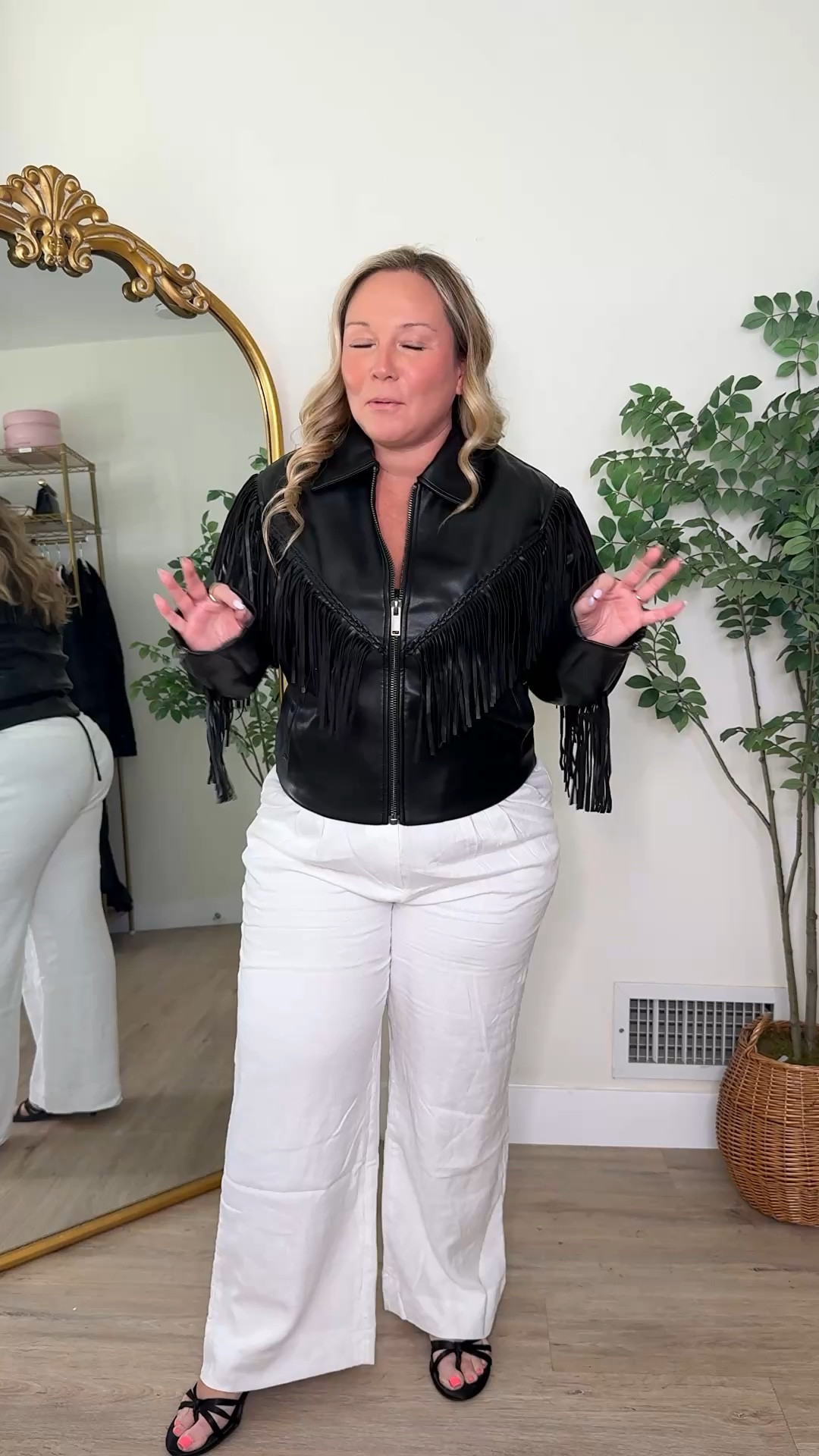 Abercrombie faux leather fringe jacket is such a great statement piece to add to any outfit! 
Fits so good! Size LARGE 
White linen trousers size 32 PETITE Curve Love (run snug in the waist)

Petite style, spring trends, spring style, midsize style, Abercrombie, trousers, linen pants, spring outfit 

#LTKMidsize #LTKPetite #LTKSeasonal