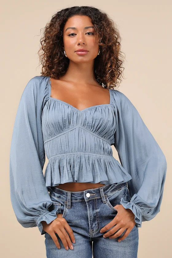 Sophisticate Slate Blue Satin Ruched Long Sleeve Top | Lulus