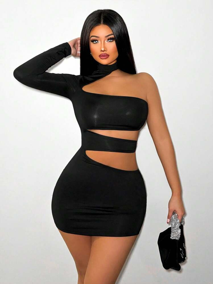 Sirith Women's One Shoulder Long Sleeve Hollow Out Dress Fall Cloth For Women | SHEIN