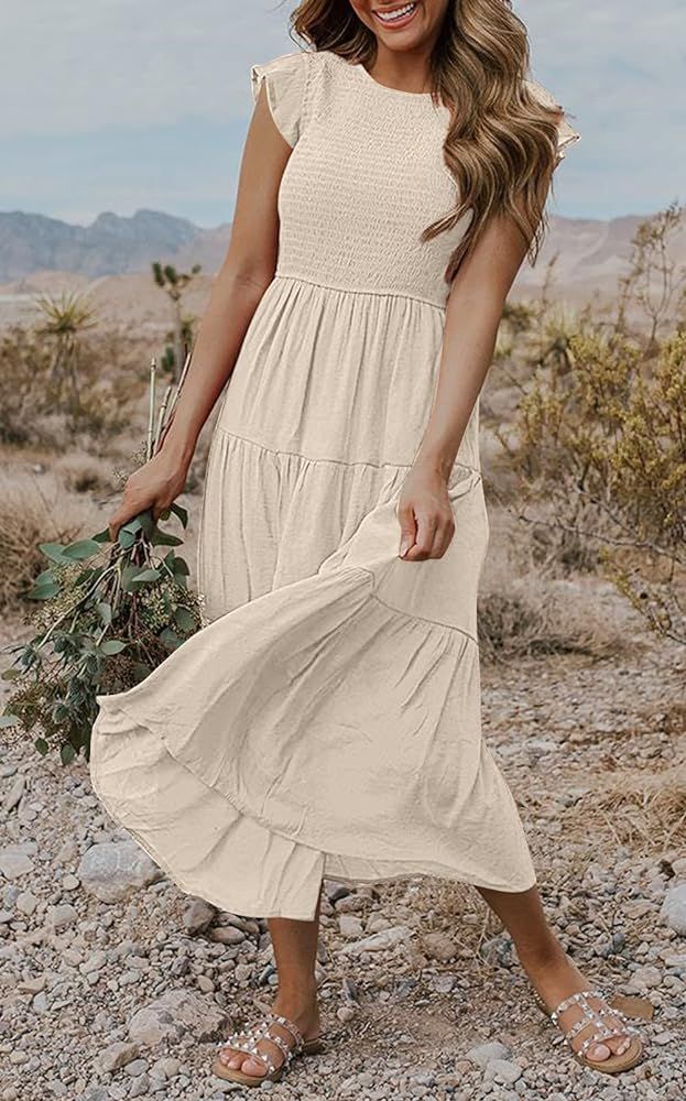 MEROKEETY Women's Flutter Short Sleeve Smocked Midi Dress Summer Casual Tiered A-Line Dress | Amazon (US)