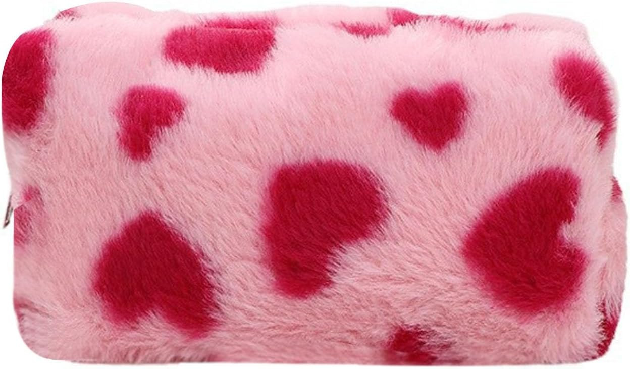Makeup Bag Small Cosmetic Bags for Purse Women Girls Plush Simple Heart Make Up Pouch | Amazon (US)