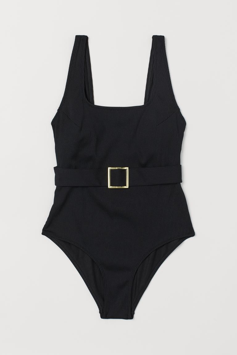 Fully lined, ribbed swimsuit with attached belt to accentuate waist. Square neckline at front and... | H&M (US + CA)