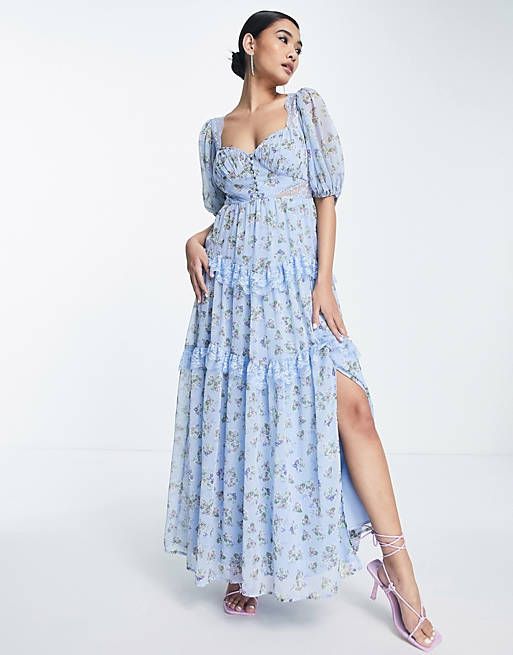 ASOS DESIGN open back lace insert midi tea dress in blue ditsy floral | ASOS (Global)