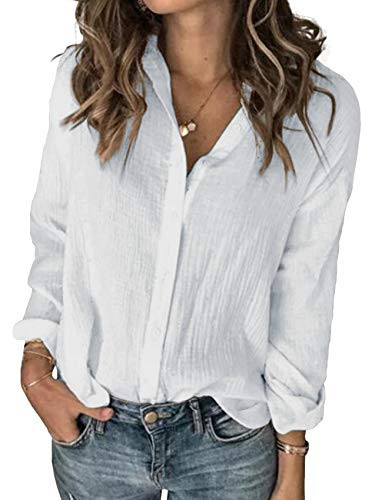 Karlywindow Womens Long Sleeve Button Down Cotton Linen Shirt Blouse Loose Fit Casual V-Neck Tops White | Amazon (US)