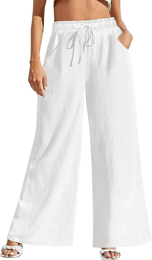 Fancysters Women Wide Leg Linen Pants, High Waisted Summer Casual Cotton Linen Palazzo Pants with... | Amazon (US)
