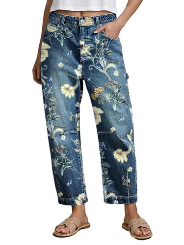 Flamingals Mid Rise Barrel Leg Jeans for Women Wash Floral Print Flap Casual Denim Jeans with Pockets Navy Blue XS | Amazon (US)