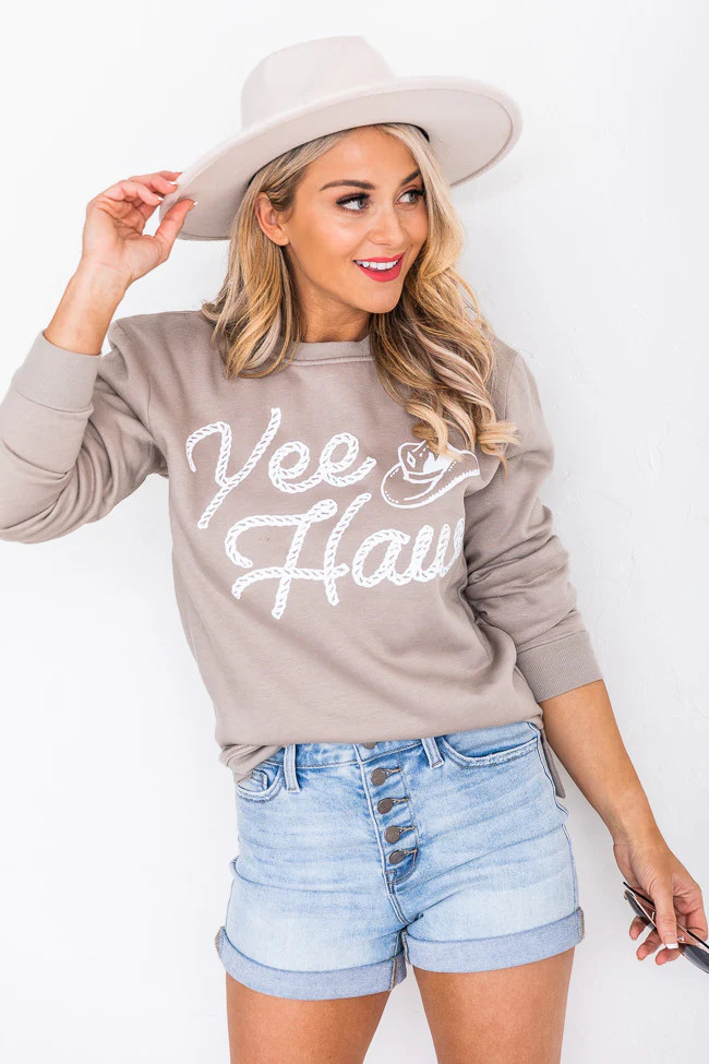Yee Haw Script Super Soft Fleece Tan Graphic Sweatshirt | Pink Lily