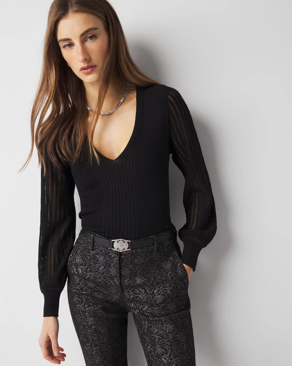 Sheer Sleeve V-Neck Sweater | White House Black Market