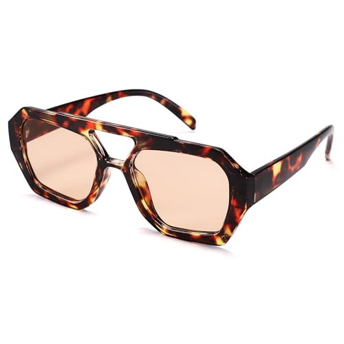 COASION Square Aviator Sunglasses for Women Men, Hexagonal Thick Frame Double Bridge Sun Glasses Shades for Wide Face (Tortoise shell/Light Brown) | Amazon (US)