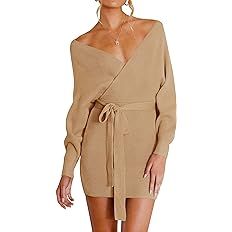 ZESICA Women's Long Batwing Sleeve Wrap V Neck Knitted Backless Bodycon Pullover Sweater Dress wi... | Amazon (US)