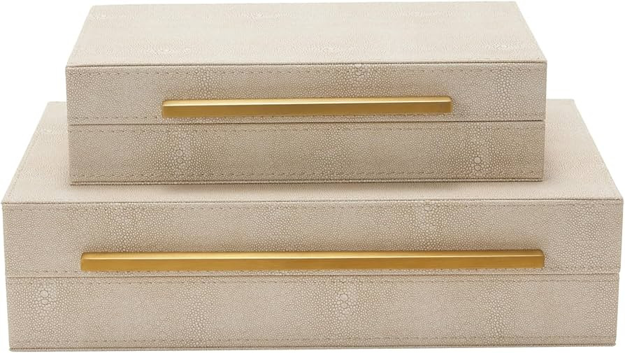 Sagala Set of 2 Ivory Shagreen Decorative Boxes With Brushed Gold Metal Handles, Faux Leather Jew... | Amazon (US)