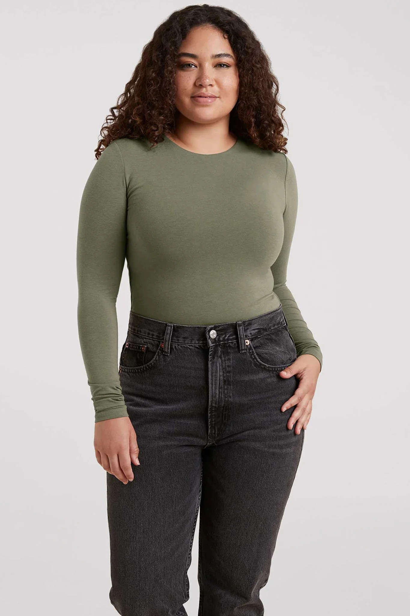 Cotton Stretch Long Sleeve Crewneck Bodysuit | Black | Nuuds US