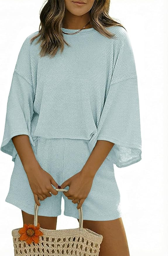 Tankaneo Womens Short Sets 2 Piece Outfits 3/4 Sleeve Tops and Elastic Waist Shorts Lounge Set Ca... | Amazon (US)