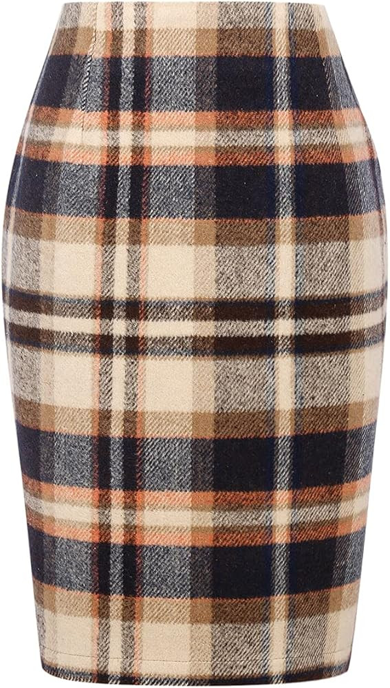IDEALSANXUN Midi Plaid Skirts for Women Fall Winter Knee Length Pencil Wool Skirt with Slit | Amazon (US)