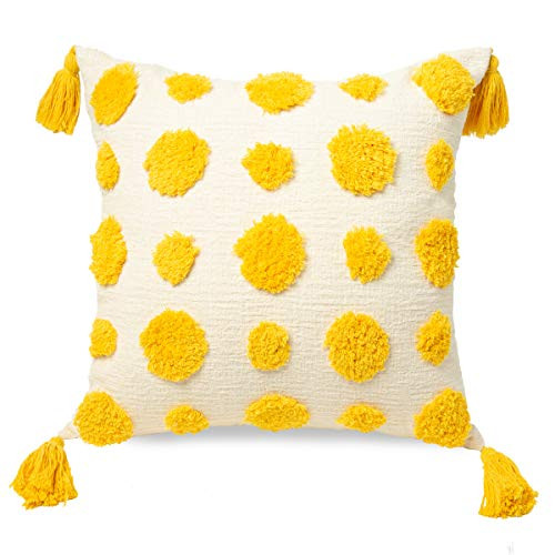 PLWORLD Boho Yellow Throw Pillow Cover 18x18 Inch with Tassels, Pom Pom Tufted Decorative Cream C... | Amazon (US)