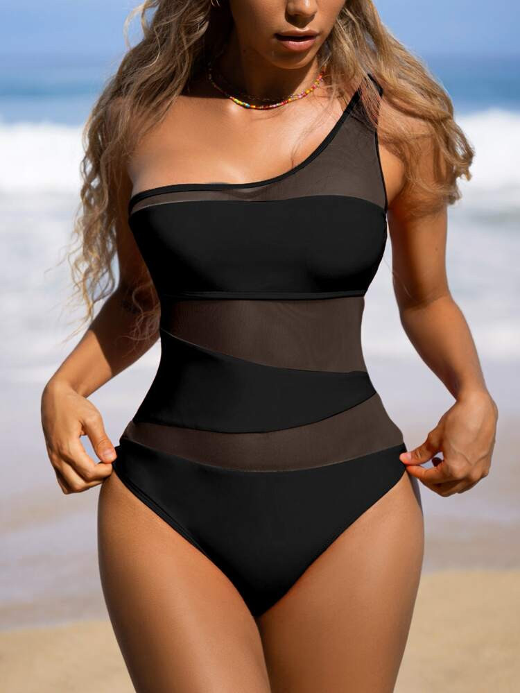 Bikinx Contrast Mesh One Shoulder One Piece Swimsuit | SHEIN
