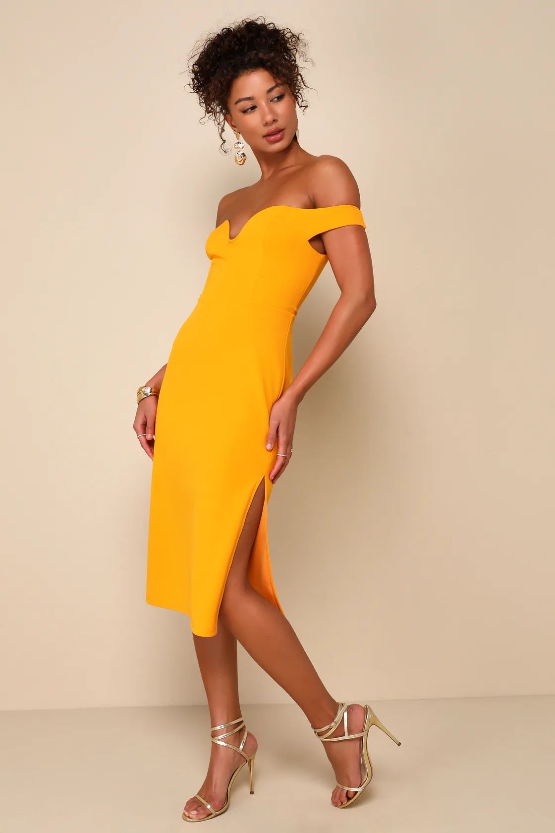 Soiree Favorite Golden Yellow Off-the-Shoulder Midi Dress | Lulus